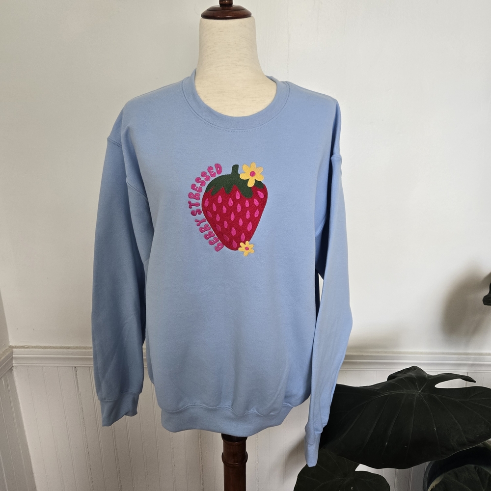 Berry Stress Embroidered Strawberry Sweater Size M